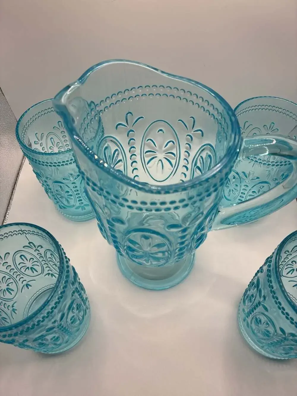 Vintage-Inspired Embossed Light Blue Glass Pitcher And 4 Tumbler Drinking Glasse